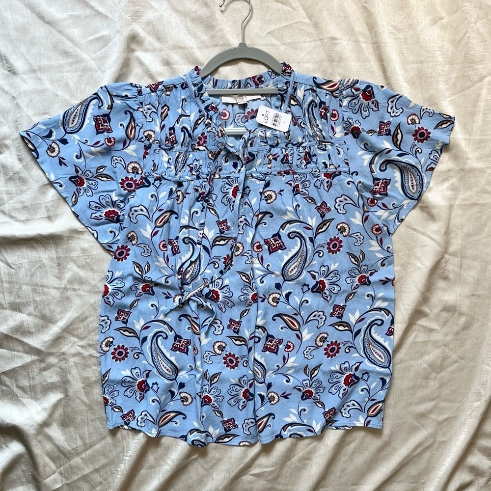 LOFT Sky Blue Floral Print Blouse with Smocked V-Neck and Front Tie